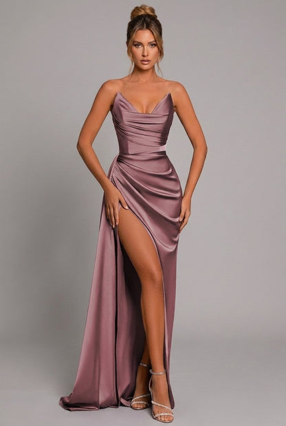 Women's black satin maxi dress with sweetheart neckline and side slit