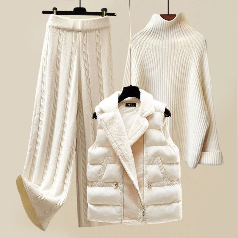 Women's three piece knit set with turtleneck sweater, vest and pants