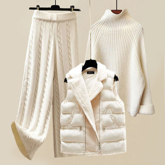 Women's three piece knit set with turtleneck sweater, vest and pants