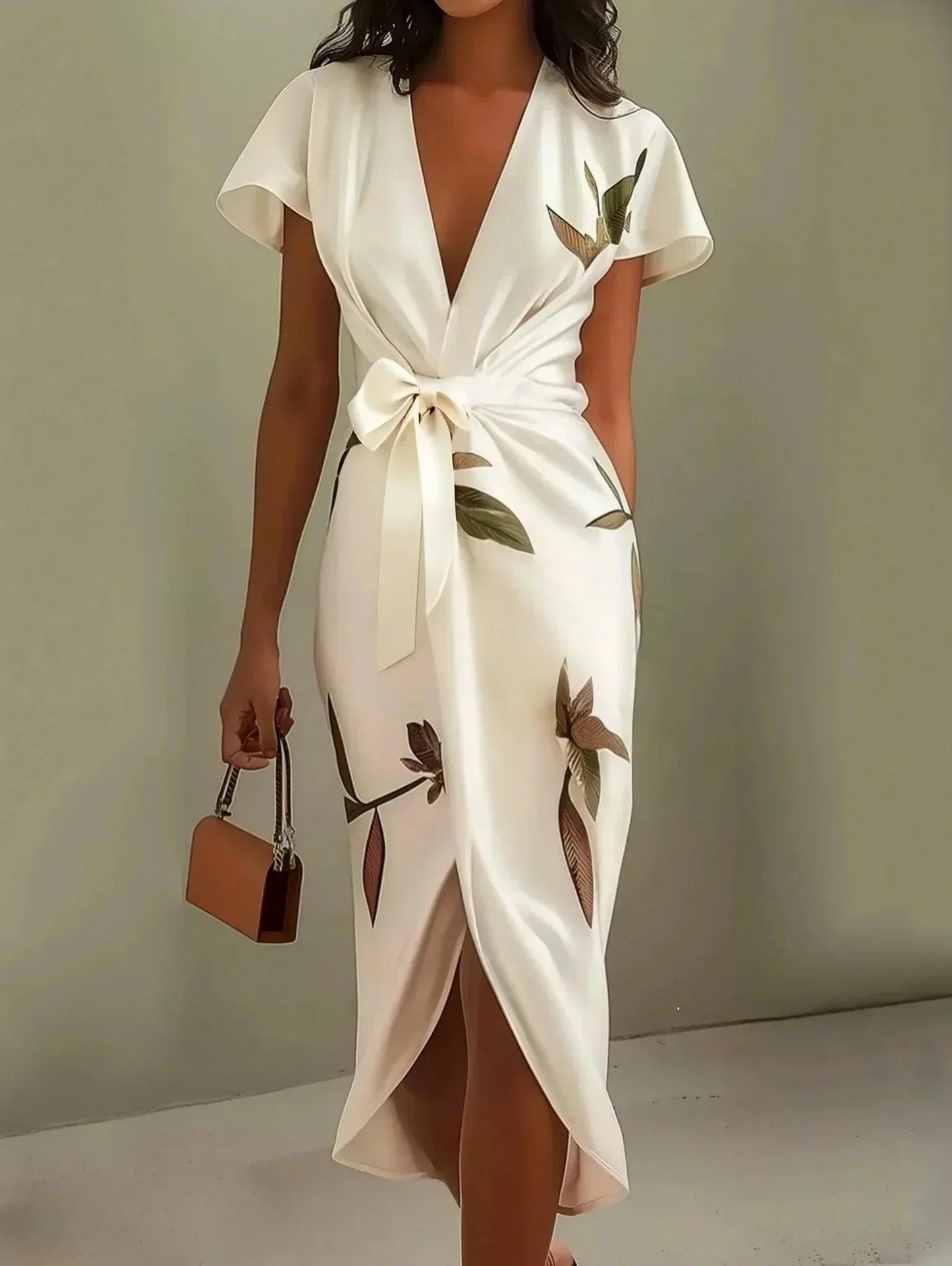 Women's white floral print midi wrap dress with V-neck