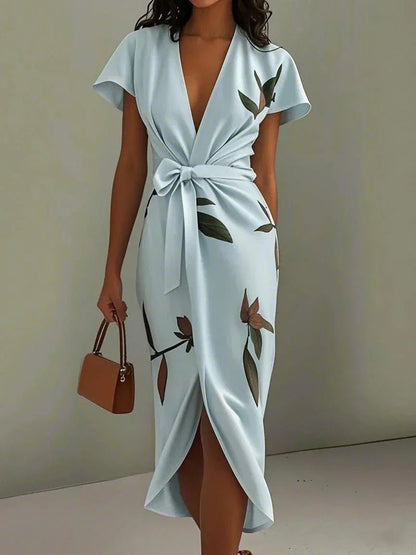 Women's white floral print midi wrap dress with V-neck