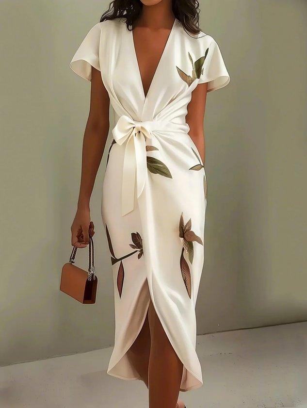 Women's white floral print midi wrap dress with V-neck