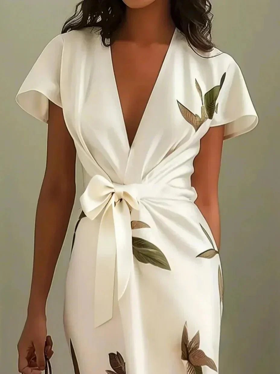 Women's white floral print midi wrap dress with V-neck