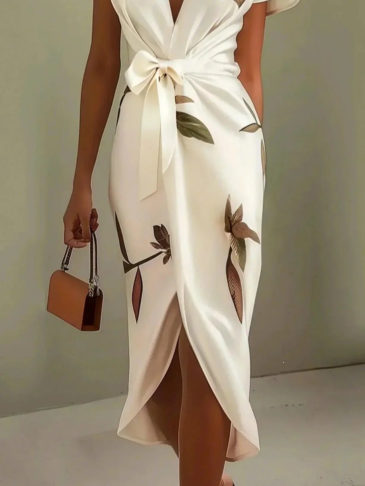 Women's white floral print midi wrap dress with V-neck