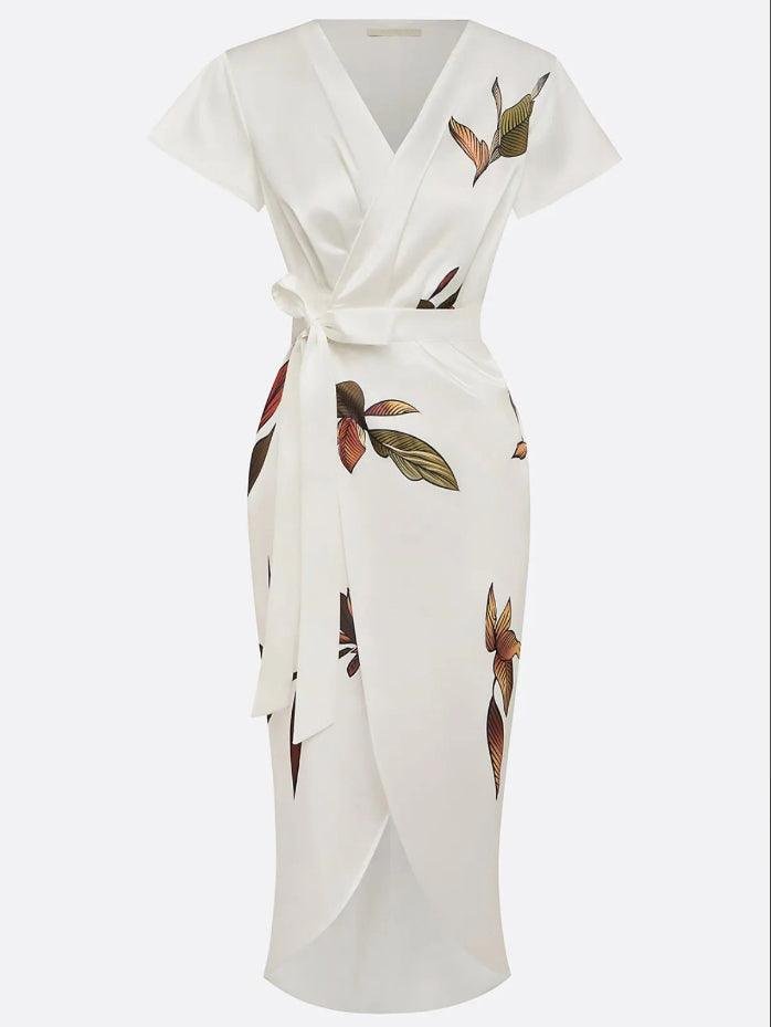 Women's white floral print midi wrap dress with V-neck