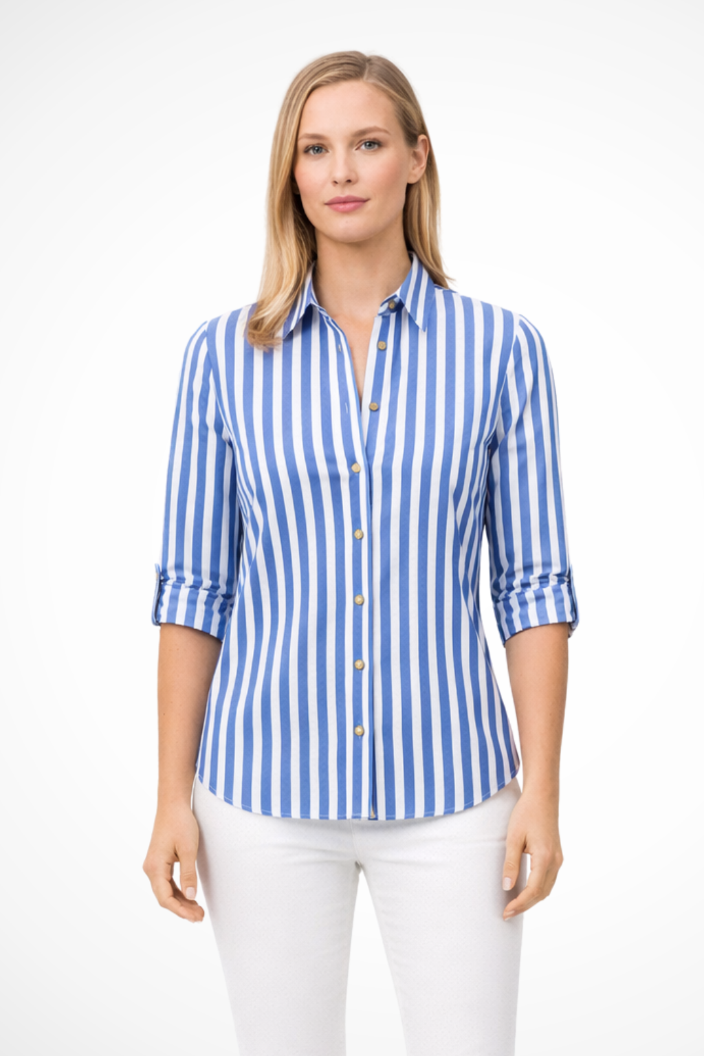 Women's blue slim fit striped long sleeve blouse
