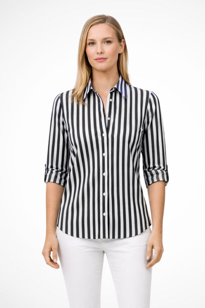 Women's blue slim fit striped long sleeve blouse