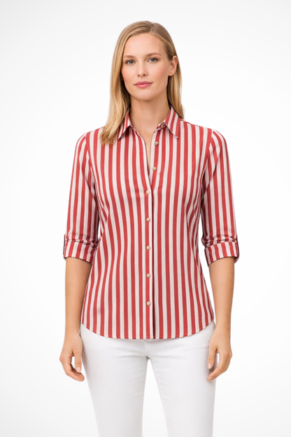 Women's blue slim fit striped long sleeve blouse