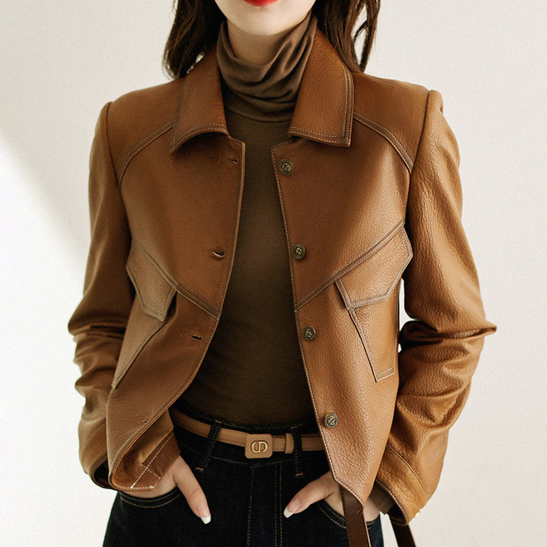 Women's brown cropped faux leather jacket with oversized fit