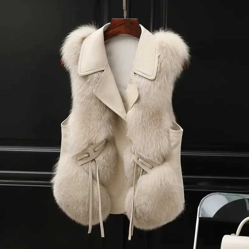 Women's beige faux fur vest with hidden pockets