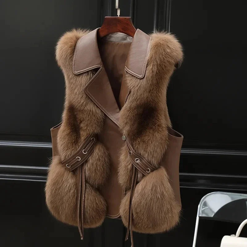 Women's light brown faux fur vest with hidden pockets