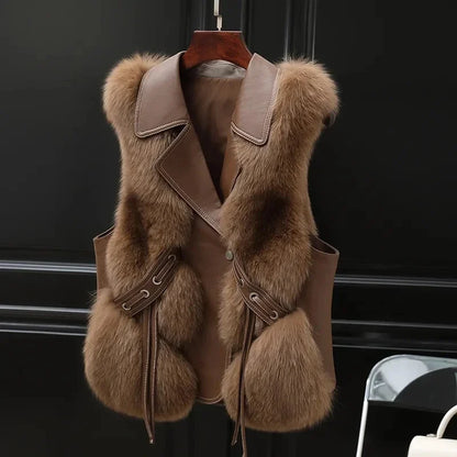 Women's light brown faux fur vest with hidden pockets