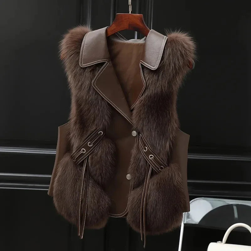 Women's dark brown faux fur vest with hidden pockets