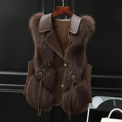 Women's dark brown faux fur vest with hidden pockets