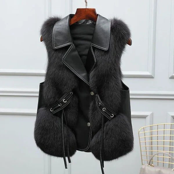 Women's classic black faux fur vest with hidden pockets