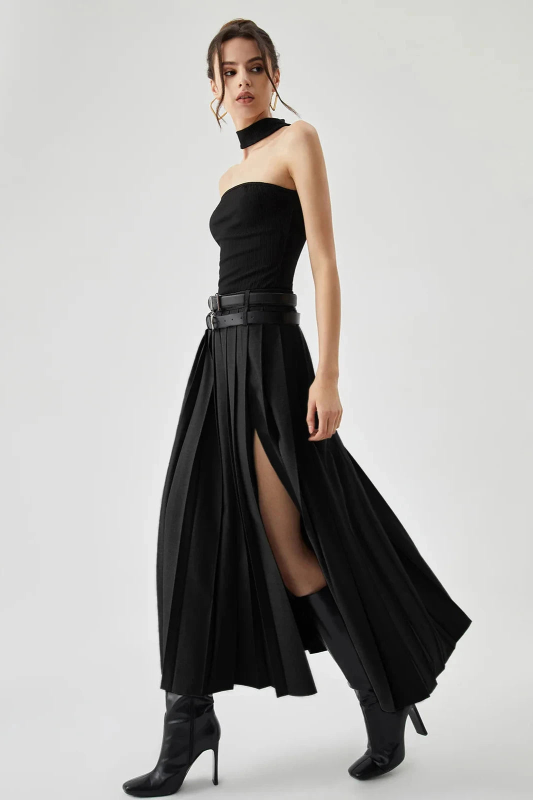 Clara | Pleated Maxi Skirt Stylish Split Design 0