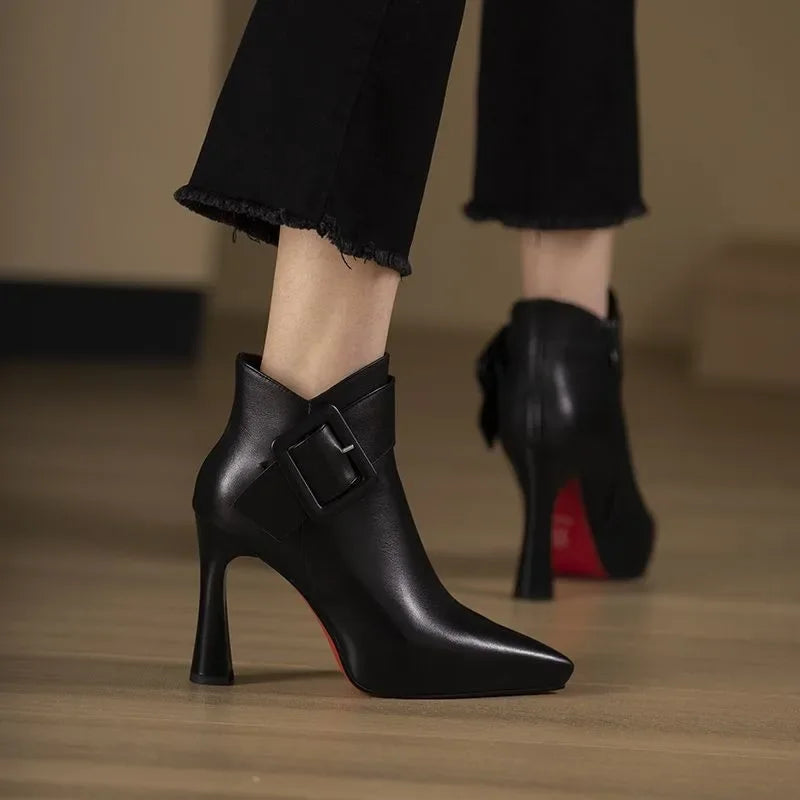 Women's classic black faux leather heeled ankle boots