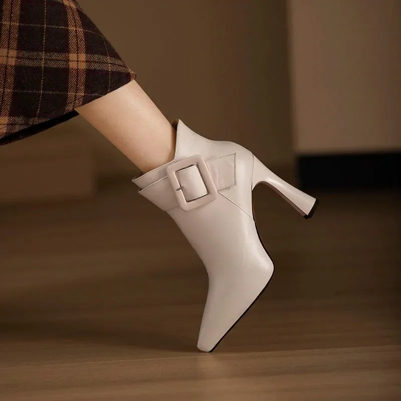 Women's beige faux leather heeled ankle boots