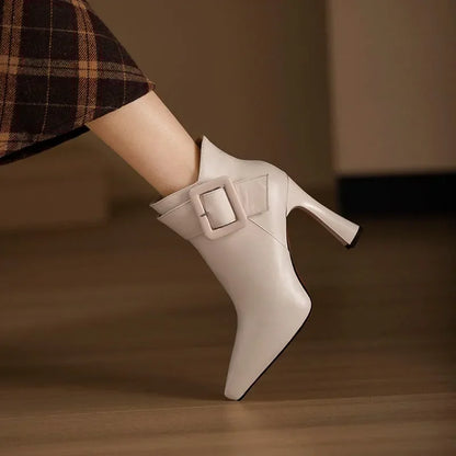 Women's beige faux leather heeled ankle boots