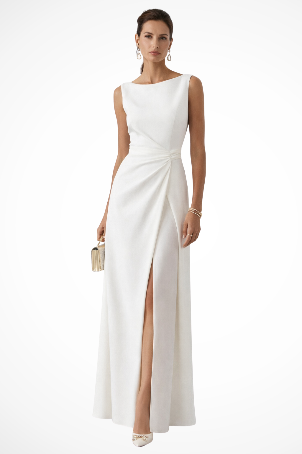 Women's white sleeveless draped waist wedding guest maxi dress