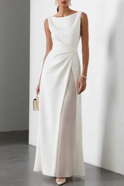 Women's white sleeveless draped waist wedding guest maxi dress