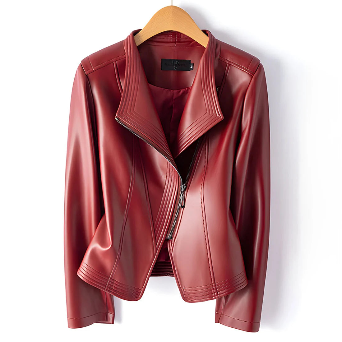 Women's burgundy leather-look moto jacket with asymmetric zip