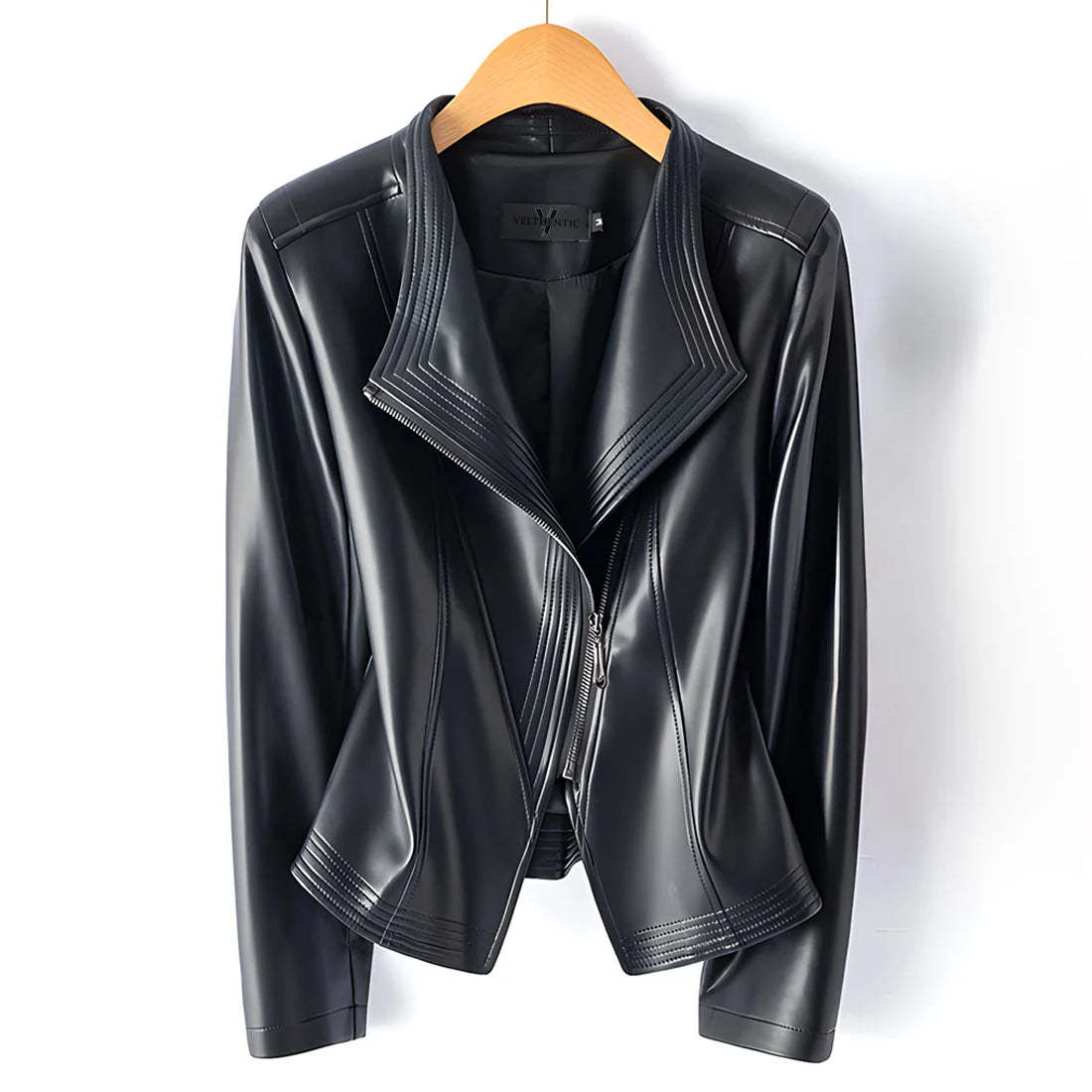 Women's black leather-look moto jacket with asymmetric zip