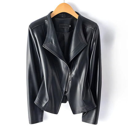 Women's black leather-look moto jacket with asymmetric zip