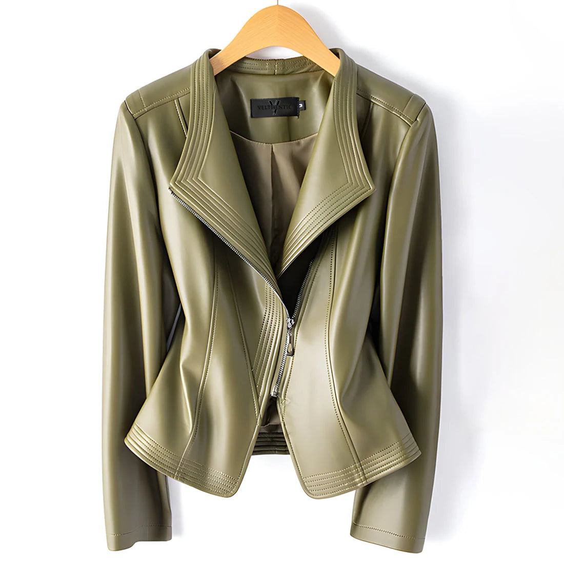 Women's emerald green leather-look moto jacket with asymmetric zip
