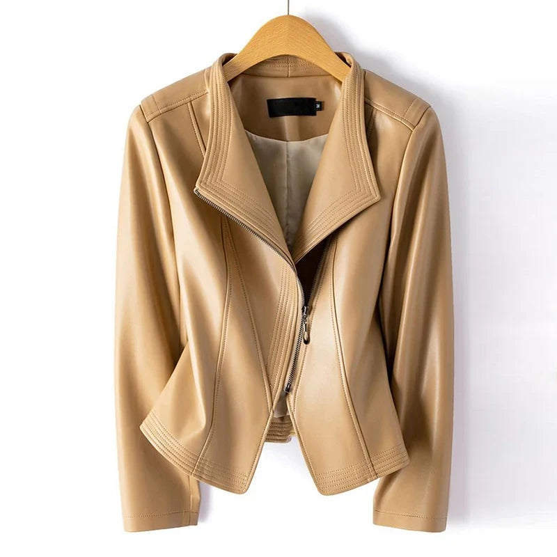 Women's apricot leather-look moto jacket with asymmetric zip