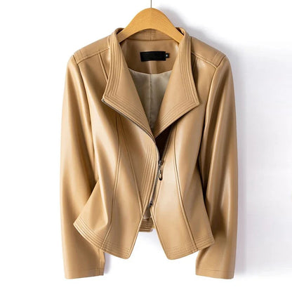 Women's apricot leather-look moto jacket with asymmetric zip