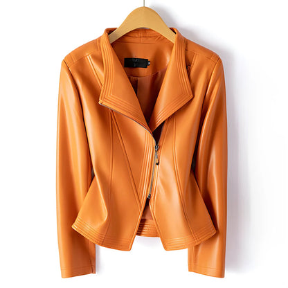 Women's orange leather-look moto jacket with asymmetric zip