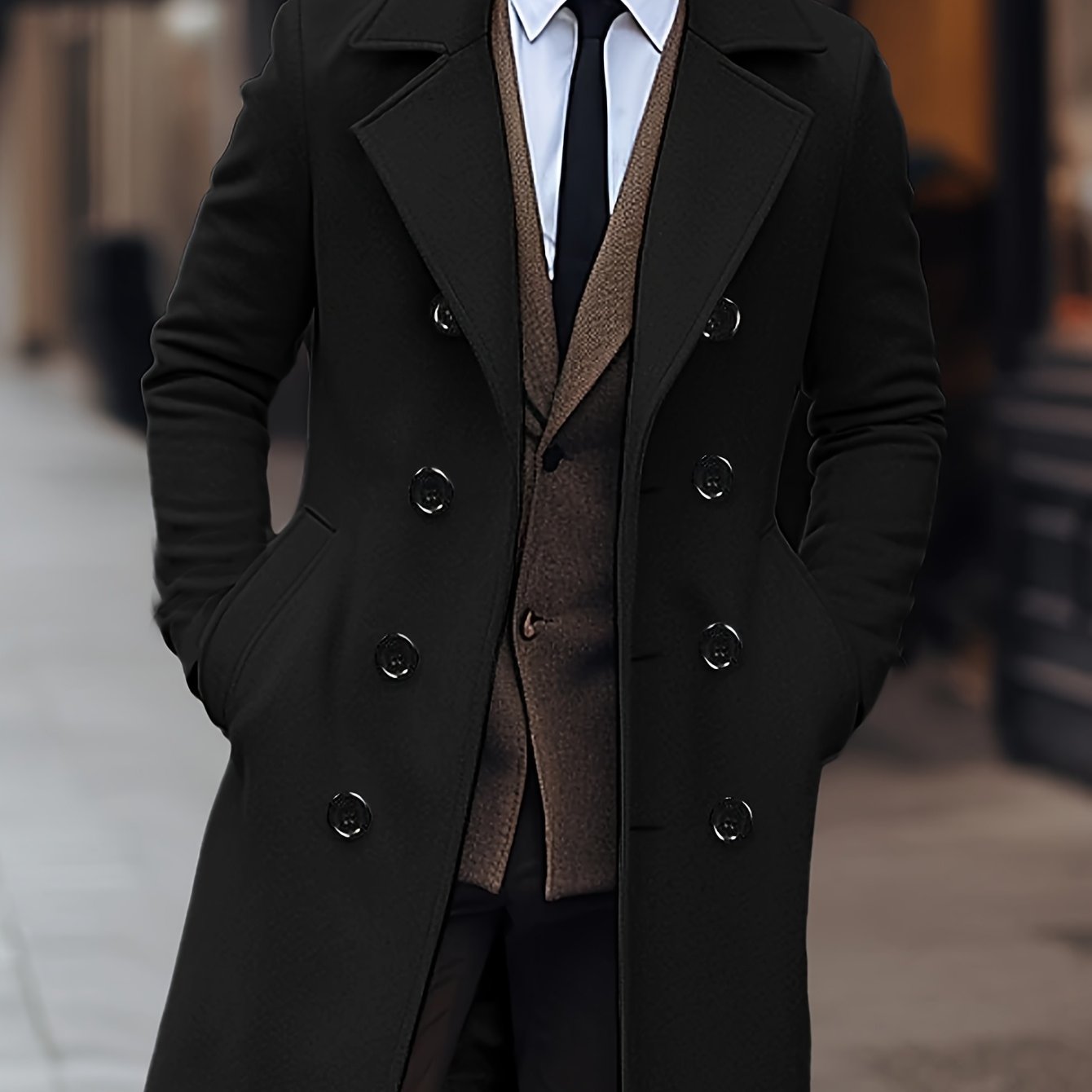 Black Men's Structured Double-Breasted Overcoat