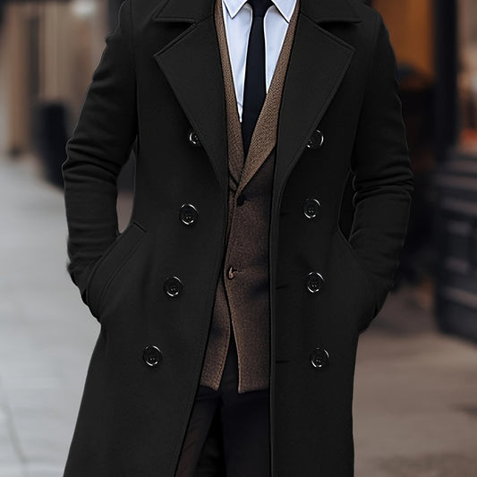 Black Men's Structured Double-Breasted Overcoat
