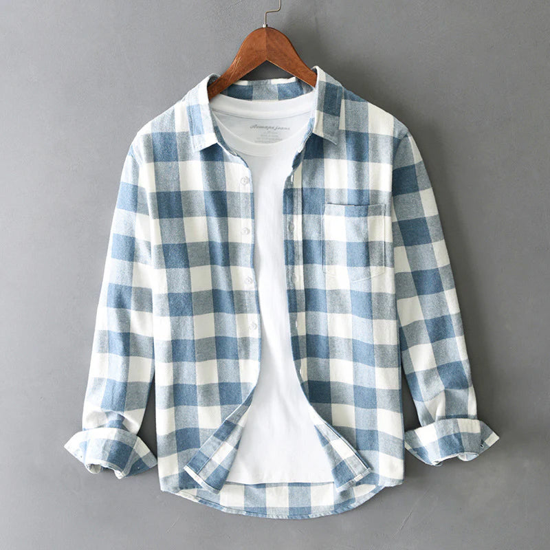 Men's blue brushed cotton check flannel shirt with button down collar