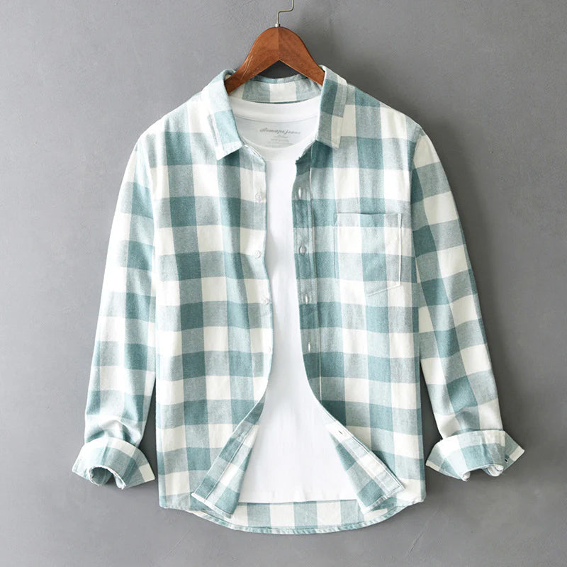 Men's blue brushed cotton check flannel shirt with button down collar