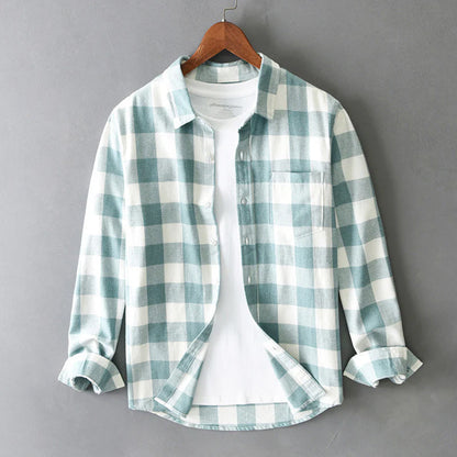 Men's blue brushed cotton check flannel shirt with button down collar