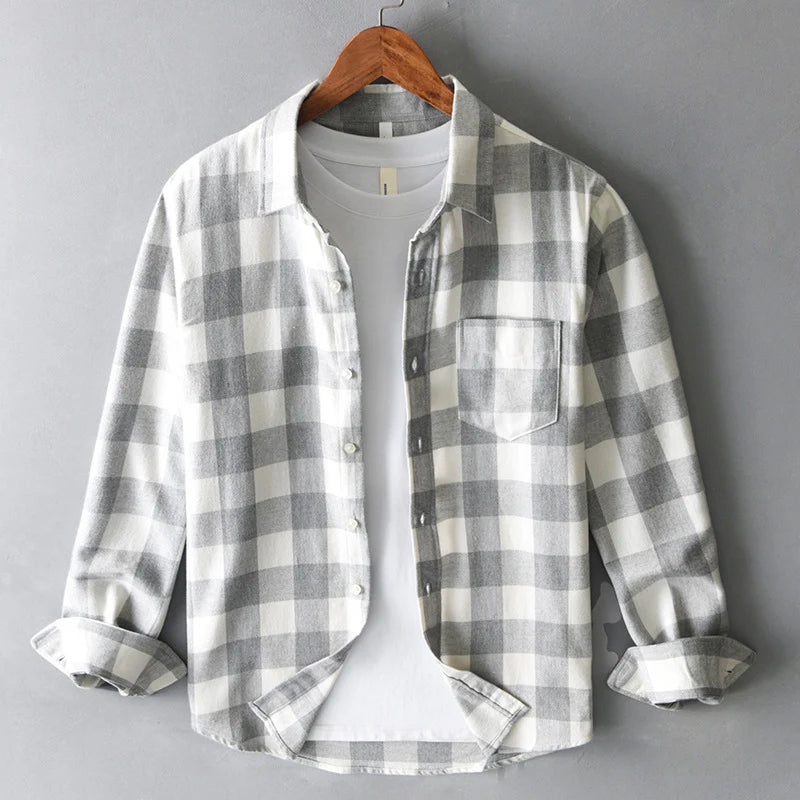 Men's blue brushed cotton check flannel shirt with button down collar