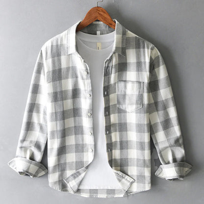 Men's blue brushed cotton check flannel shirt with button down collar