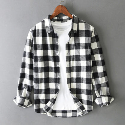 Men's blue brushed cotton check flannel shirt with button down collar