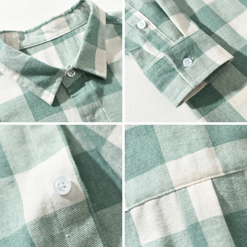 Men's blue brushed cotton check flannel shirt with button down collar