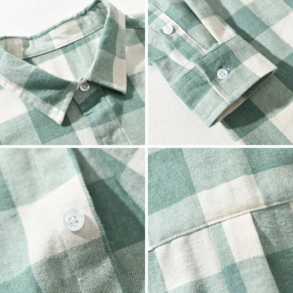Men's blue brushed cotton check flannel shirt with button down collar