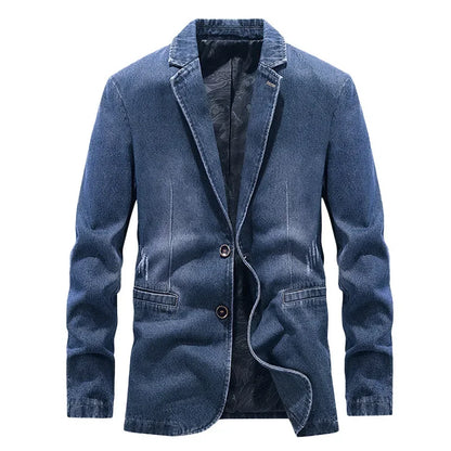Men's denim blue denim blazer jacket with lapel collar