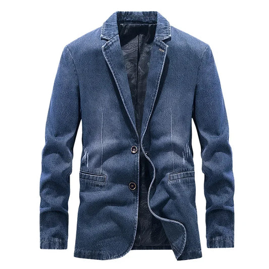 Men's denim blue denim blazer jacket with lapel collar