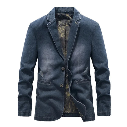 Men's navy blue denim blazer jacket with lapel collar