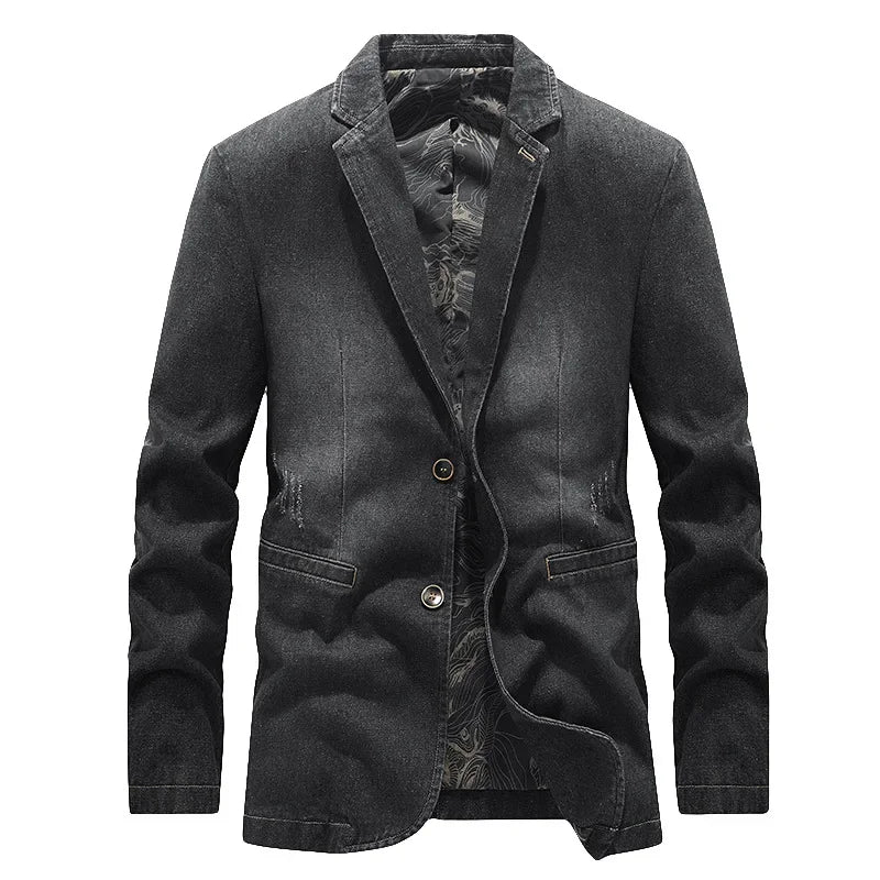 Men's classic black denim blazer jacket with lapel collar
