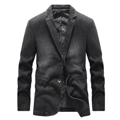 Men's classic black denim blazer jacket with lapel collar