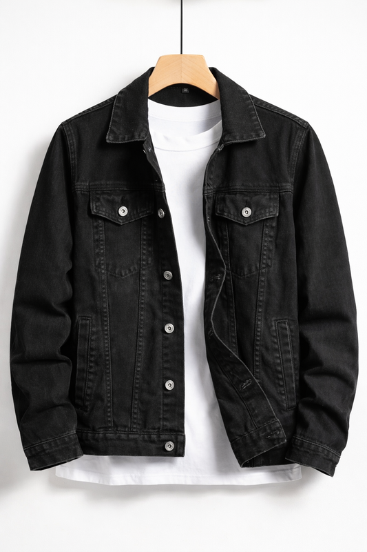 Men's classic fit button-up denim jacket in black