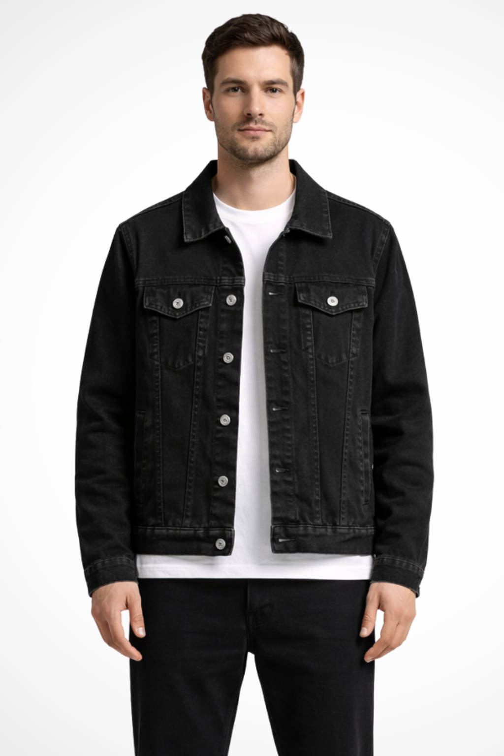 Men's classic fit button-up denim jacket in black
