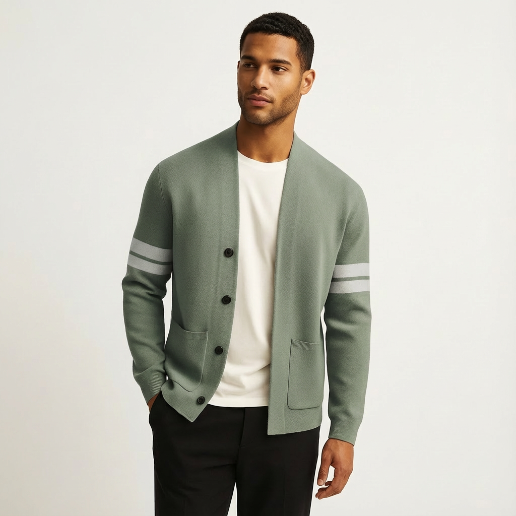 Men's merino wool cardigan with striped sleeves in light green